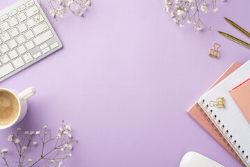 Business concept. Top view photo of workspace keyboard computer mouse cup of coffee gold pen binder clips pink notepads and white gypsophila flowers on isolated lilac background with empty space