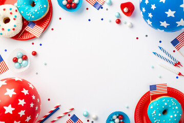 USA Independence Day concept. Top view photo of national flags balloons confetti candles paper baking molds candies straws plates with donuts on isolated white background with copyspace in the middle - Powered by Adobe