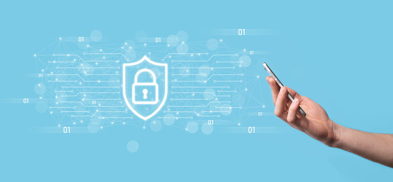Protection network security computer and safe your data concept, Businessman holding shield protect icon. lock symbol, concept about security, cybersecurity and protection against dangers
