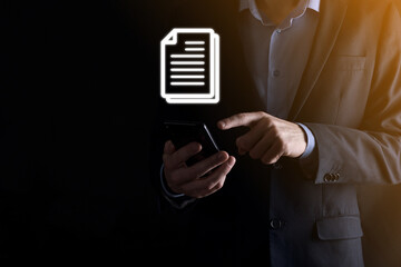 Businessman man holding a document icon in his hand Document Management Data System Business...