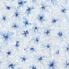 Vintage watercolor floral seamless pattern. Hand drawn abstract blue flowers with silver contours on white background. Ornate template for design, textile, wallpaper, ceramics. - 509732085