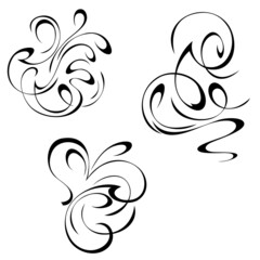 three separate decorative abstract elements in flowing lines. Set