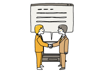 デジタルで発行された契約書に電子サインし契約を交わすビジネスマン　コミカルな手書きの人物