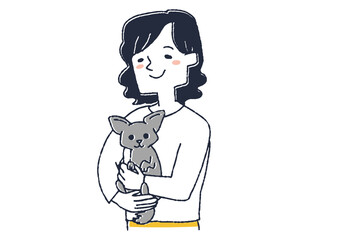 ペットのチワワを愛している女性　コミカルな手書きの人物　ベクター、温かみのある線画