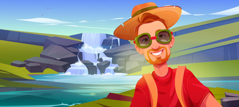 Tourist taking selfie photo over beautiful waterfall cascade in travel. Portrait of young man in sunglasses at outdoor expedition in nature, hiking journey on holidays, Cartoon vector illustration