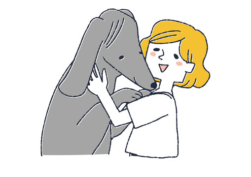 recommend clip art: ペットのボルゾイを愛している女性　コミカルな手書きの人物　ベクター、温かみのある線画