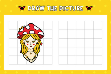 How to draw girl in mushroom hat. Draw, copy the picture activity for kids, children. Vector printable illustration, page.