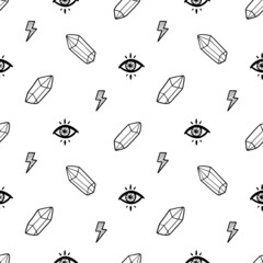 Cute doodle style eyes, crystals, lightning symbols vector seamless pattern background for magic and clairvoyance design.