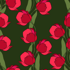 Spring colorful vector illustration with pink tulips. Cartoon style. Design for fabric, textile, paper. Holiday print for Easter, Birthday, 8 march. Flowers with leaves