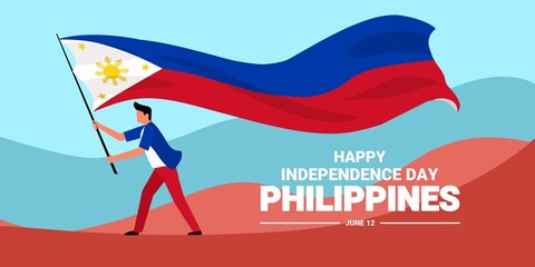 Philippines independence day banner, Young man waving flag, as independence symbol, vector illustration. - Powered by Adobe