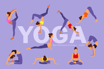 International yoga day. Set of slim sportive young woman doing yoga exercises.