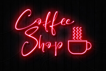 Coffee Shop  Neon Sign on a Dark Wooden Wall
