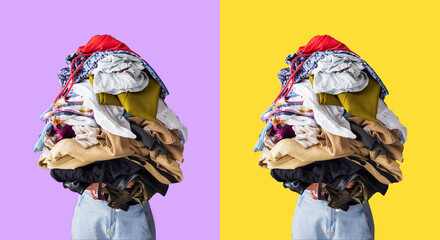 woman holds pile of clothes in her hands. two photos on yellow-purple background