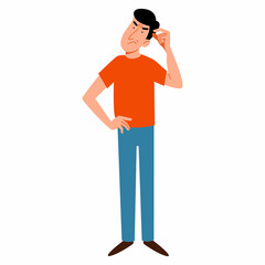 A full-length thinking man. The people forgot something. Vector illustration in a flat style on an isolated white background.