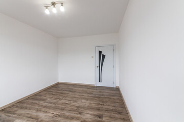 Closed wooden door in empty bright room. New home interior. Wooden floor. White walls