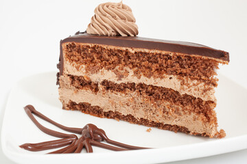 Slice of chocolate cake with decoration on white plate