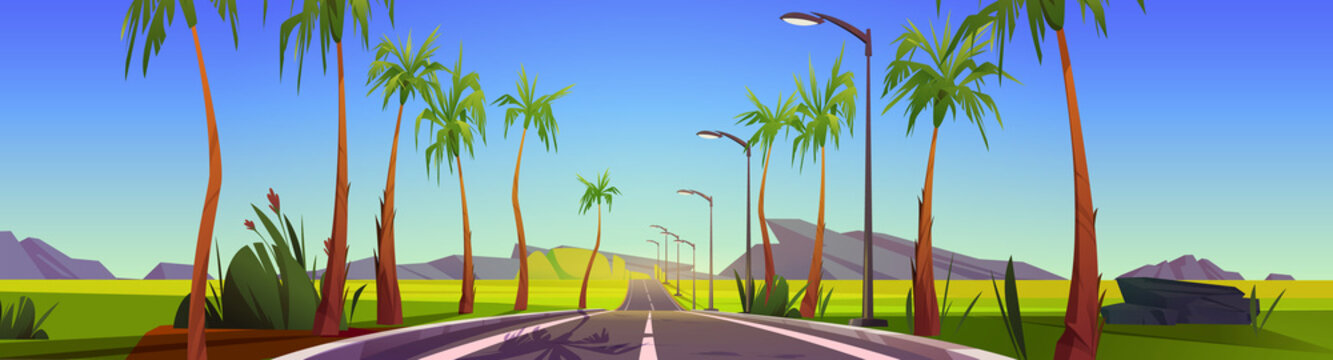 Summer tropical landscape with car road, palm trees and mountains on horizon. Vector cartoon illustration of panoramic scene with highway, green fields, rocks, tropic trees and plants
