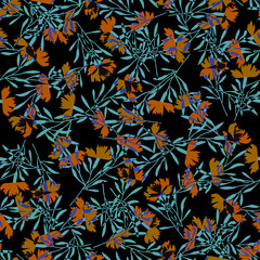 Naklejka na ściany i meble Bright mosaic botanical seamless pattern with orange cornflowers, carnation flowers on a black background
