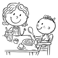 Cartoon outline family eating. Illustration of mom feeding child