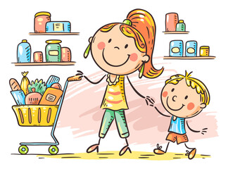 Cartoon doodle mom and son at supermarket with shopping cart