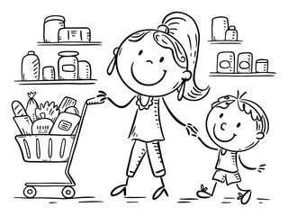 Hand drawn outline illustration of family shopping