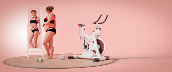 young fat girl looks at herself in the mirror and sees herself slender. 3d illustration render