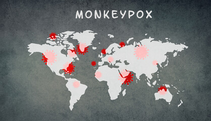 World map, monkeypox is standing on the textured background, outbreak of the MPXV virus, infectious...