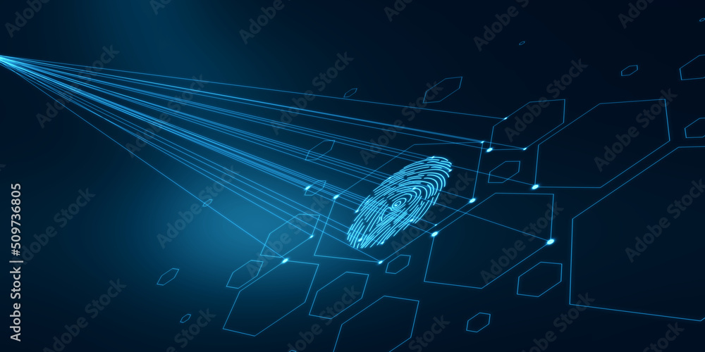 Aufkleber Creative digital fingerprint hologram on dark background with lines. Cyber datanase and access concept. 3D Rendering.