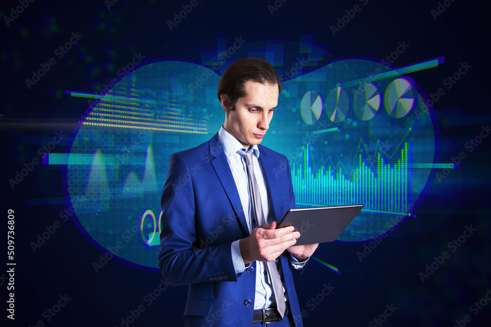 Aufkleber businessman using tablet with abstract glowing digital business chart and graph metaverse hologram on blurry background with geometric pattern and bokeh circles. 