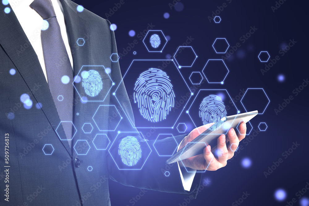 Poster close up of businessman hand in suit and tie holding mobile phone with creative digital fingerprint 