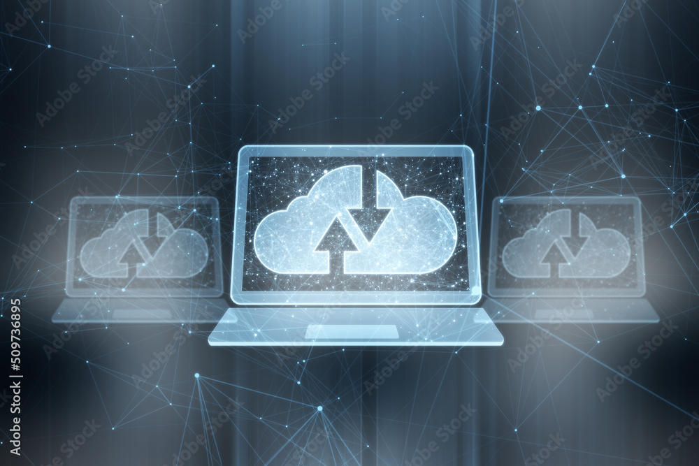 Poster Abstract polygonal digital laptop with cloud computing hologram on blurry interior background. Database and information concept. 3D Rendering.