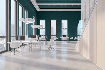 Modern concrete coworking office interior with city view, stairs, furniture and equipment. 3D Rendering.