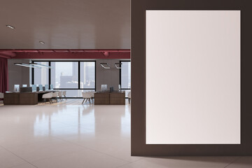 Modern spacious concrete coworking office interior with empty white mock up poster, furniture, curtains and window with city view. 3D Rendering.