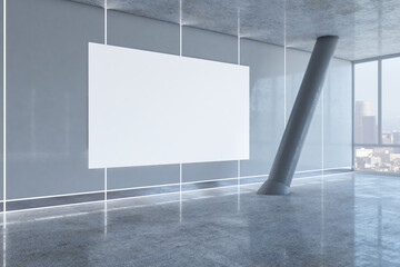 Perspective view on blank white banner with place for your logo or text on grey wall in empty hall with tilted column, glossy floor and city view from big window. 3D rendering, mockup