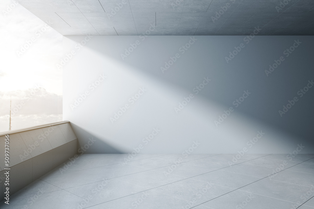 Poster Empty concrete open space balcony interior with blank mock up place on wall for your advertisement, panoramic sky and clouds view, daylight. 3D Rendering.