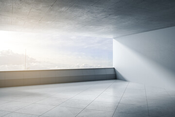 Modern concrete open space balcony interior with blank mock up place for your advertisement, panoramic sky and clouds view, daylight. 3D Rendering.