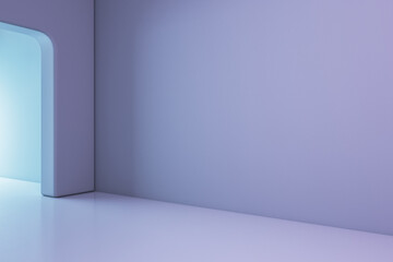 Perspective view on the corner in empty room with sunlit entrance and blank light purple wall with space for your logo or text. 3D rendering, mock up