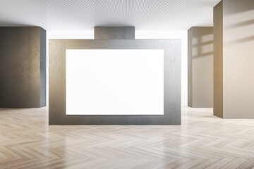 Modern concrete gallery interior with abstract city view, wooden, flooring, daylight and empty white mock up banner on wall. Exhibition and art concept. 3D Rendering.