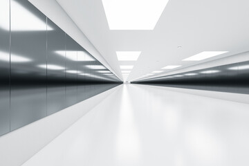 Modern white underground corridor with ceiling lights. Subway and station concept. 3D Rendering.