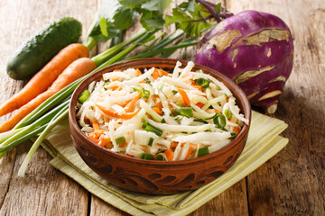 Vegetarian vegetable salad of kohlrabi, carrots, cucumbers and green onions seasoned with oil...