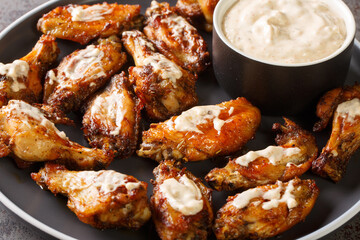 Tasty Chicken Wings with Alabama White Barbecue Sauce close-up in a plate on the table. Horizontal