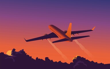 airplane flying over the sunset