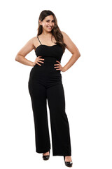 Young indian woman in black suit on white