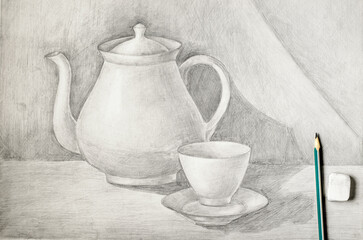 The still life is drawn in pencil. The concept of learning to draw
