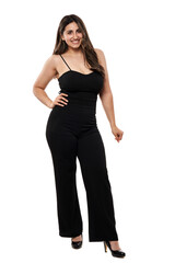 Young indian woman in black suit on white