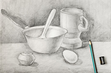 The still life is drawn in pencil. The concept of learning to draw