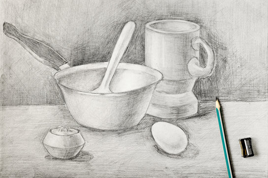 Drawing illustration of still life composition with mug, lemons, cup and  water jug on wood… | Still life drawing, Easy still life drawing, Still life  pencil shading
