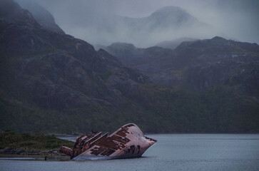 Breathtaking landscape and scenery with mountains, glaciers and fjords on misty day during cruising...