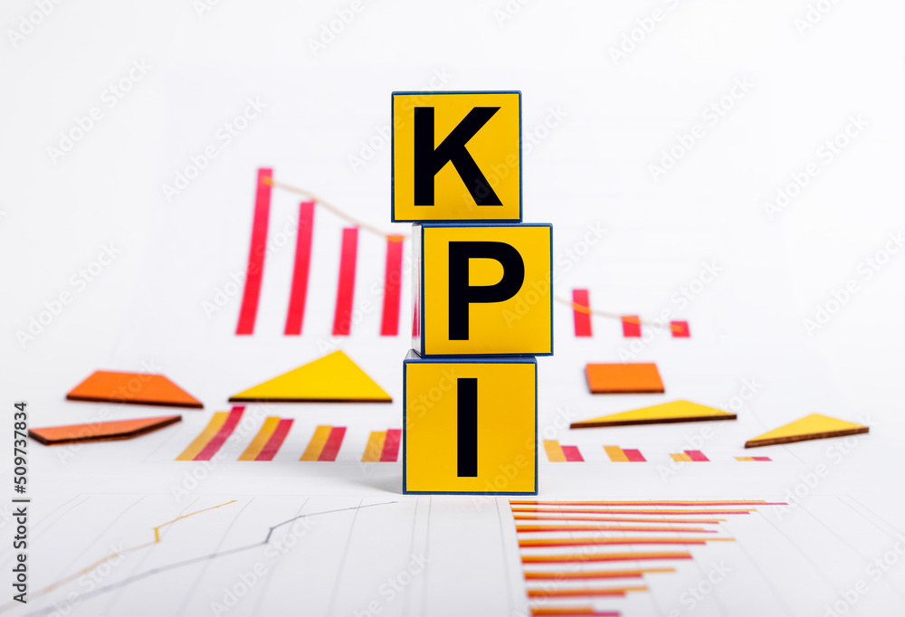 Poster key performance indicators. failure in objectives achievement. cubes with kpi text and graphs showin