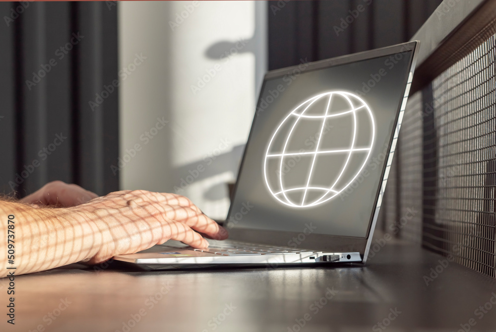 Aufkleber man hands closeup using laptop for information search on internet, communicating with foreign partne